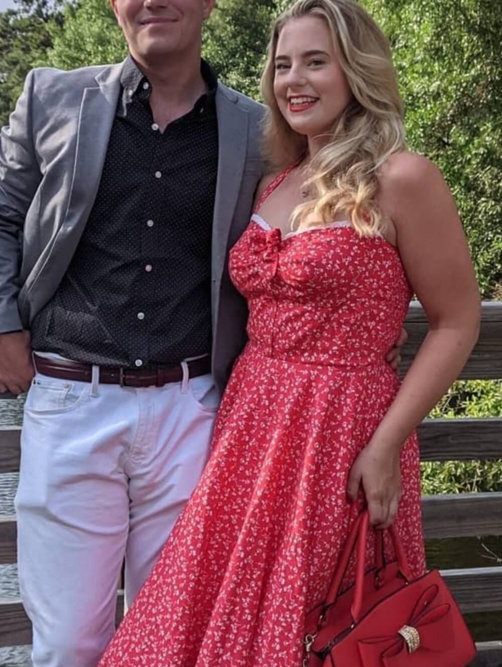 Red Floral Midi Dress with Lace Trim